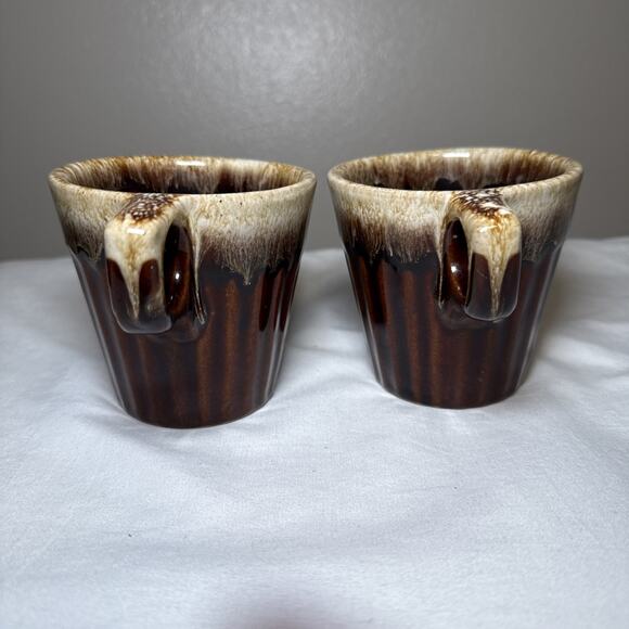 VTG Monmouth Brown Pottery Ribbed Stoneware Drip Mug Set Of 2 USA Maple Leaf - Picture 4 of 11